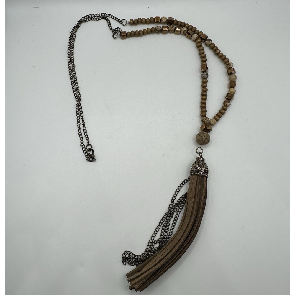 Vtg Bronze Tone Rope Chain Knot Tassel Wood Bead Statement Long Necklace 30"